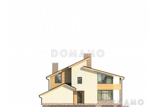 Проект дома с гаражом и навесом для автомобилей, просторной гостиной, спальней на первом этаже, террасой, вторым светом, длинным балконом / Фасад 2