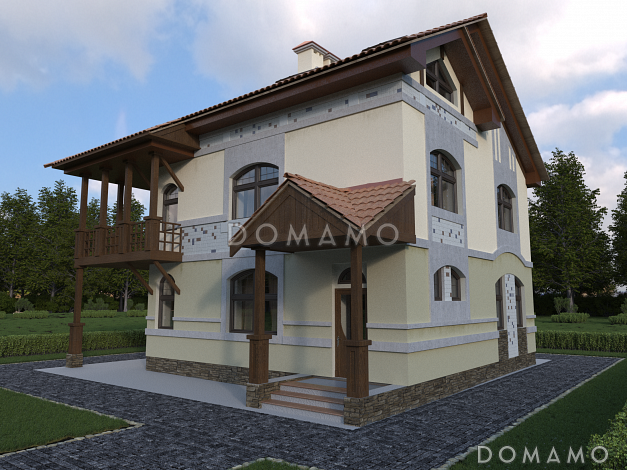 Проект трехэтажного дома из пеноблоков с просторной гостиной, балконом и кабинетом на третьем этаже