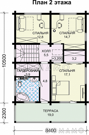 Проект двухэтажного дома из бруса с тремя спальнями / План 2 этажа