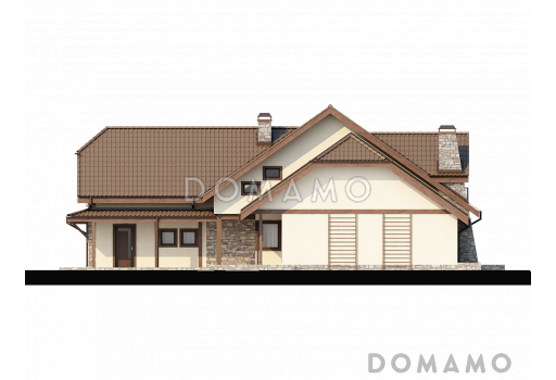 Проект просторного одноэтажного мансардного дома из кирпича с пятью комнатами, балконом и гаражом / Фасад 2