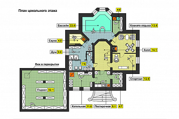 Проект дома с бассейном, сауной, спортзалом в цокольном этаже, гаражом на две машины, столовой с эркером, спальней на первом этаже, вторым светом, балконами / План цокольного этажа