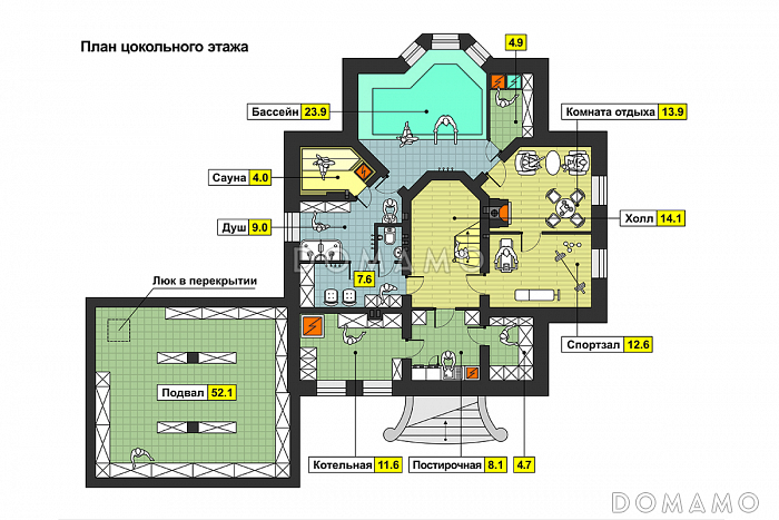 Проект дома с бассейном, сауной, спортзалом в цокольном этаже, гаражом на две машины, столовой с эркером, спальней на первом этаже, вторым светом, балконами / План цокольного этажа