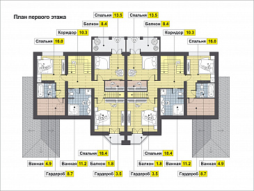 Проект дома с эркером в гостиной, комнатой на первом этаже, террасой, балконом, чердаком / План 2 этажа