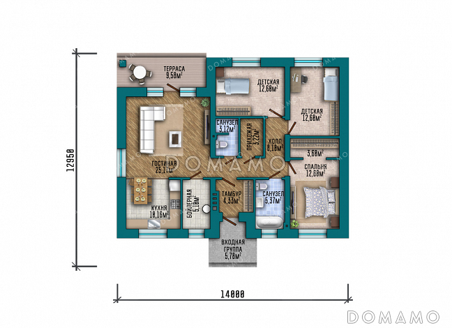 Проект квадратного одноэтажного дома с отделкой декоративной штукатуркой, террасой под общей вальмовой крышей и большой совмещенной кухней-гостиной / План 1 этажа
