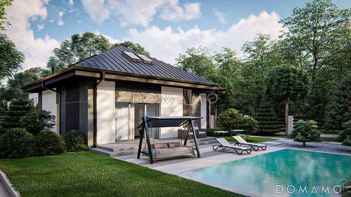 Проект дома с мансардой, гаражом, просторной гостиной с камином, тремя спальнями на мансарде