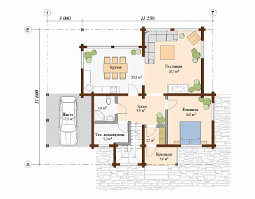 Проект двухэтажного дома из клееного бруса с навесом для авто / План 1 этажа