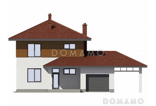 Проект двухэтажного дома с гаражом и навесом для автомобилей / Фасад 2