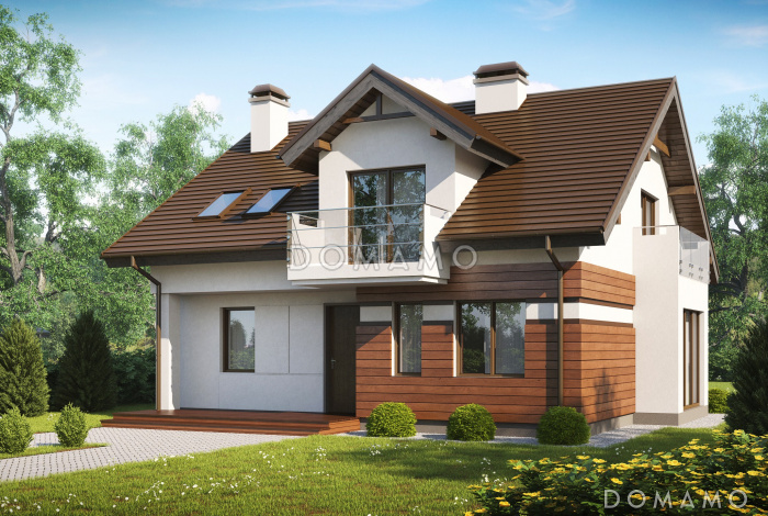 Проект одноэтажного мансардного дома из кирпича с кабинетом, эркером и балконом