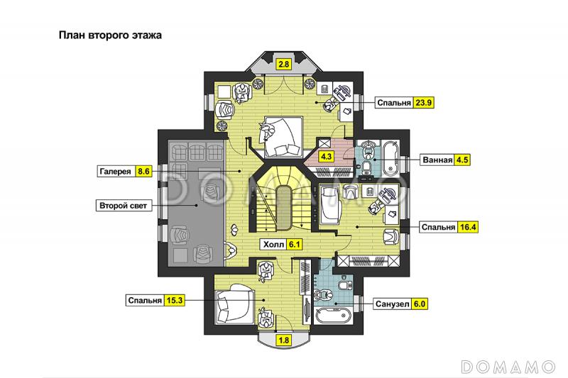 Проект дома с цокольным этажом, бассейном и сауной, кухней с эркером, открытой террасой, бильярдной на мансарде / План 2 этажа