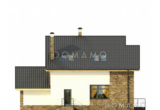 Проект дома с кухней-столовой с выходом на террасу, двумя спальнями на первом этаже, длинным балконом / Фасад 4