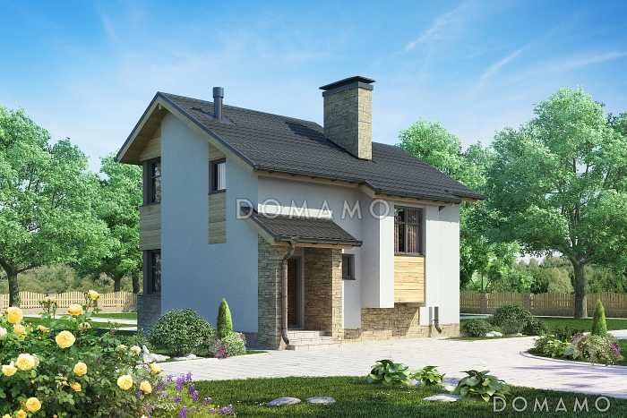 Проект дома с террасой, гостиной с камином, ванной с окном, кухней-столовой