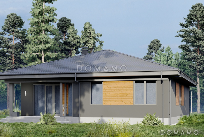 Проект одноэтажного дома в стиле хай-тек с тремя спальнями, гостиной и кабинетом