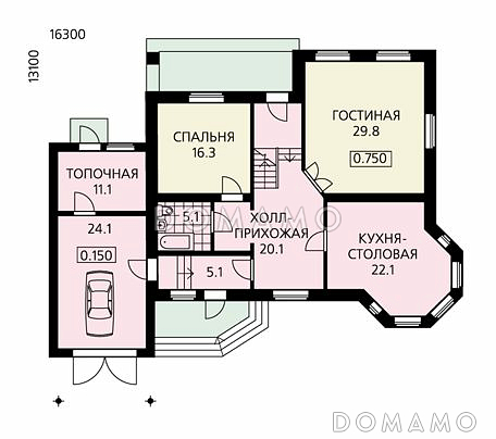 Проект дома из пеноблоков с мансардой, гаражом для одной машины / План 1 этажа