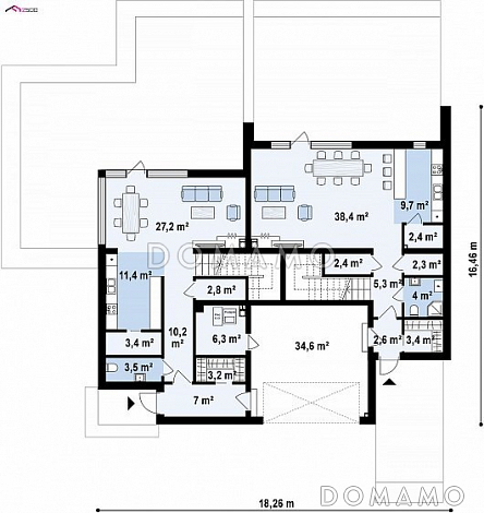 Проект современного комфортного двухэтажного дома из газобетона для двух семей с общим гаражом / План 1 этажа