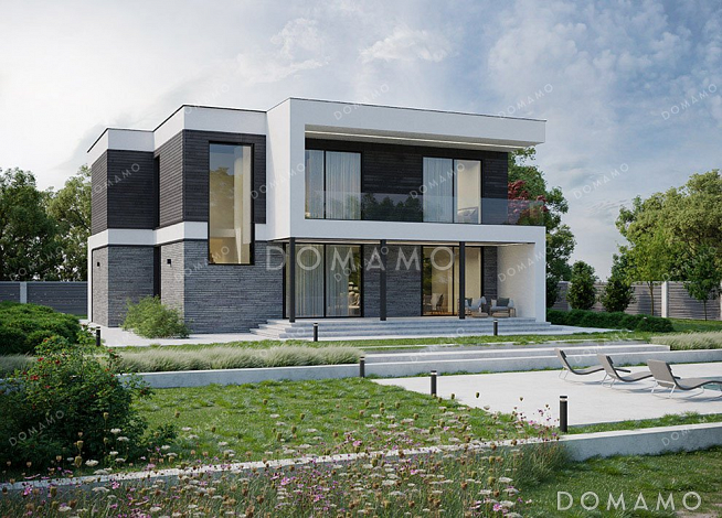 Проект двухэтажного дома с большой террасой и плоской крышей