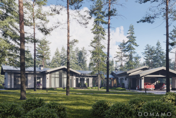 Проект дома сложной формы с 3 спальнями, спа-зоной, навесом для 2 машин и террасами