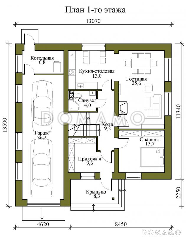 Проект двухэтажного кирпичного дома с гаражом на два машиноместа, тремя спальнями и кабинетом на втором этаже / План 1 этажа