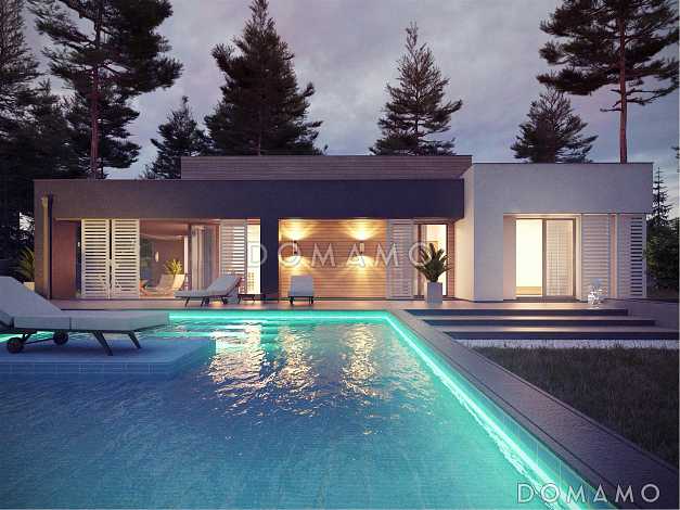 Проект одноэтажного дома с плоской крышей, большой террасой