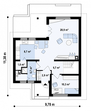Проект одноэтажного мансардного дома из кирпича с дополнительной спальней на первом этаже / План 1 этажа