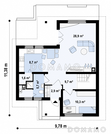 Проект одноэтажного мансардного дома из кирпича с дополнительной спальней на первом этаже / План 1 этажа
