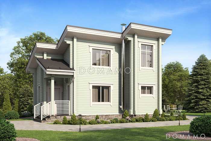 Проект узкого дома с косой крышей, кухней-гостиной, парной, спальней, балконом и вторым светом