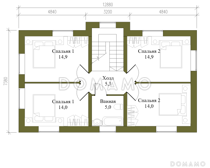 Проект компактного двухэтажного коттеджа из СИП панелей с пятью спальнями / План 2 этажа
