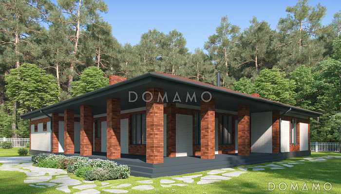 Проект одноэтажного дома с террасой и гаражом, просторной кухней-столовой, хозяйской спальней 