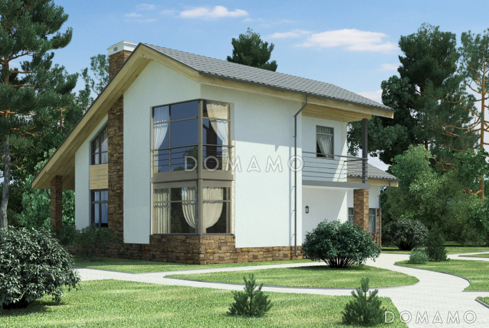 Проект дома с навесом на два автомобиля, гостиной с камином, крытой террасой