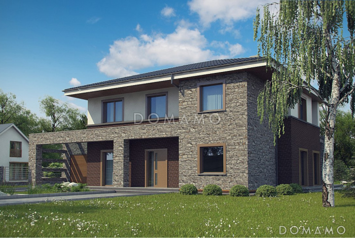 Проект загородного дома с подвалом, гаражом, двумя спальнями на первом этаже, мастер-спальней на втором этаже