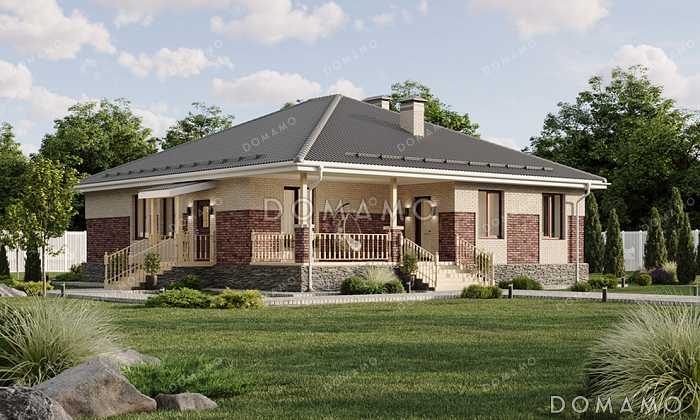 Проект одноэтажного дома с комбинированной отделкой фасадов кирпичом разных тонов, большой террасой под одной кровлей с домом и удобной планировкой для семьи с детьми