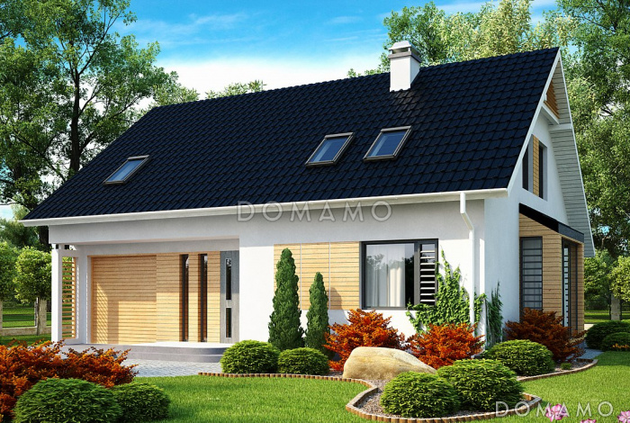 Проект мансардного дома из кирпича с кабинетом, тремя спальнями и гаражом