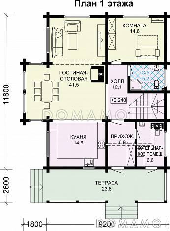 Проект дома из бруса с 4 спальнями, террасой, балконом и вторым светом / План 1 этажа