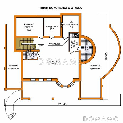 Проект дома из газобетона для неровных участков / План цокольного этажа