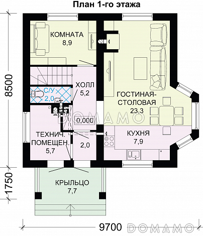 Проект дома из газобетона с тремя небольшими спальнями на мансардном этаже / План 1 этажа