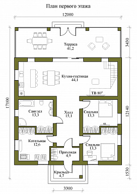 Проект одноэтажного газобетонного дома с мансардой, вторым светом и крытой террасой / План 1 этажа