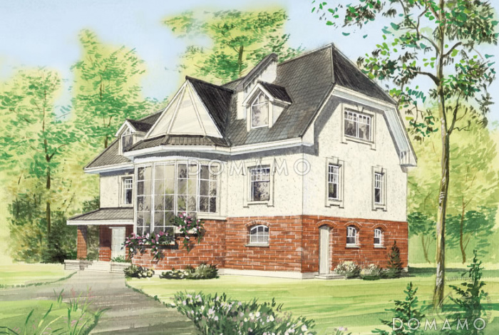 Проект трёхэтажного коттеджа с башенкой и пандусом