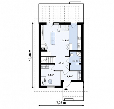 Проект одноэтажного мансардного дома из газобетона с кабинетом и с высокой аттиковой стеной для каркасного строительства / План 1 этажа