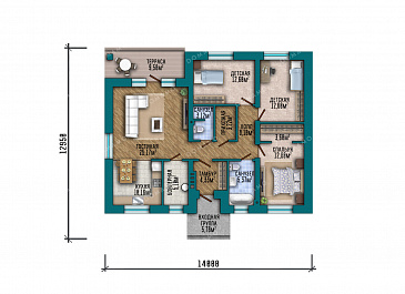 Проект дома из газобетона с тремя спальнями, двумя санузлами и небольшой террасой / План 1 этажа