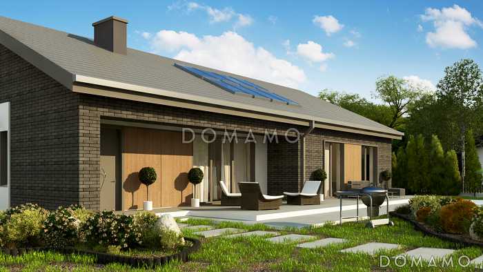 Проект одноэтажного дома с террасой, гаражом, кладовой, тремя спальнями