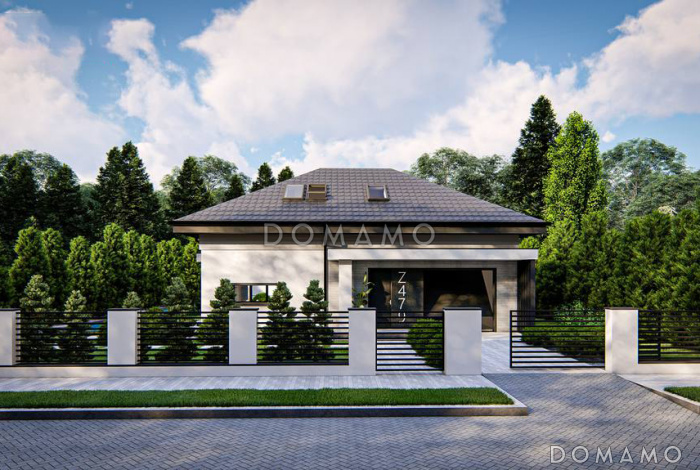 Проект загородного дома с гаражом, кладовой на кухне, мастер-спальней в мансарде