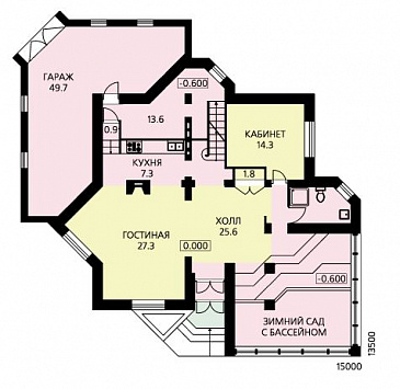 Проект стильного дома из пенобетона с бассейном и зимним садом на первом этаже / План 1 этажа