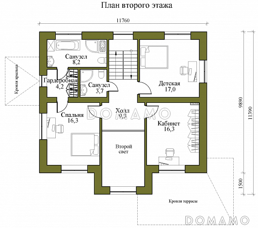 Проект двухэтажного кирпичного дома со вторым светом и детской на втором этаже / План 2 этажа
