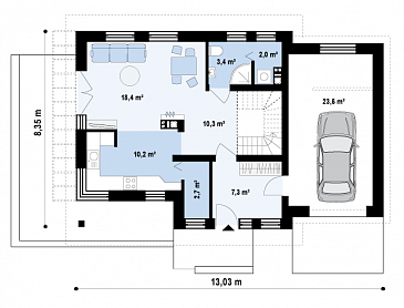 Проект одноэтажного мансардного дома из газобетона с гаражом и тремя спальнями / План 1 этажа