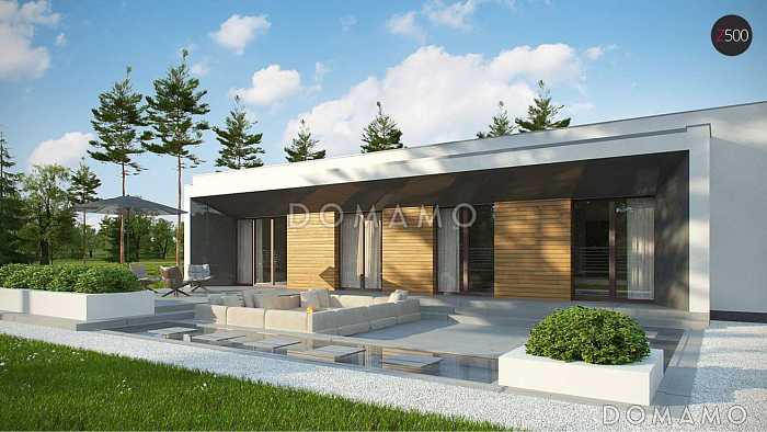 Проект современного одноэтажного углового дома из кирпича с плоской крышей, с тремя спальнями и двухместным гаражом