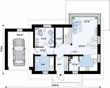 Проект одноэтажного мансардного дома из кирпича с открытой террасой над гаражом / План 1 этажа
