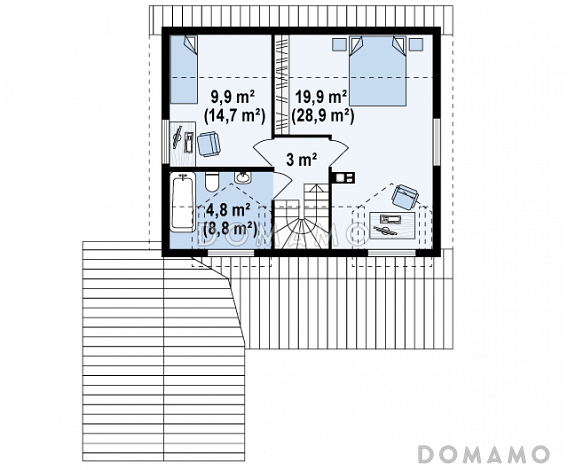 Проект компактного одноэтажного мансардного дома из газобетона с тремя спальнями, фронтальной террасой и гаражом / План мансардного этажа
