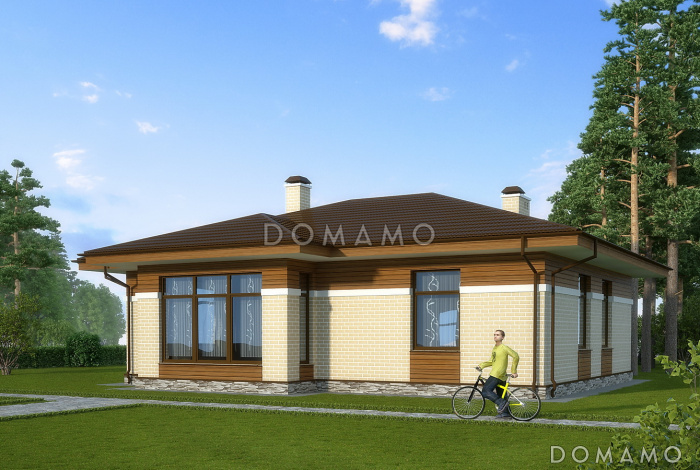 Проект одноэтажного дома с двуцветной облицовкой и большим эркером гостиной