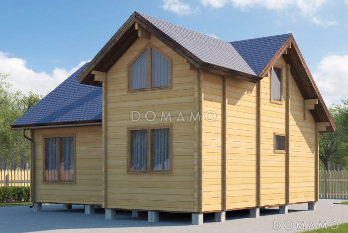 Проект дома из клееного бруса со вторым светом и двумя спальнями на мансардном этаже