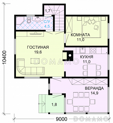 Проект вместительного загородного дома с уютной верандой и отличной планировкой / План 1 этажа