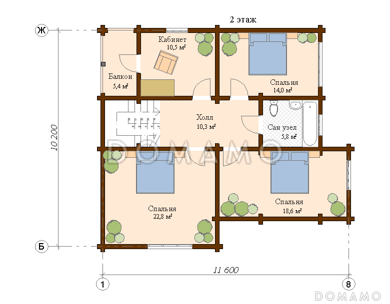 Проект деревянного дома с тремя спальнями на втором этаже и кабинетом с выходом на балкон / План мансардного этажа